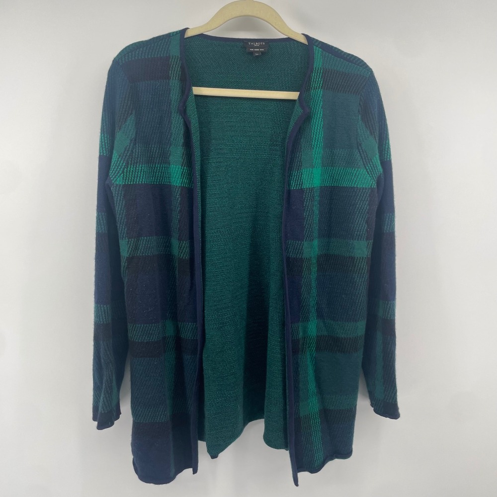 Talbots Cardigan Womens LP Green Plaid Pure Merino Wool Open Front Sweater